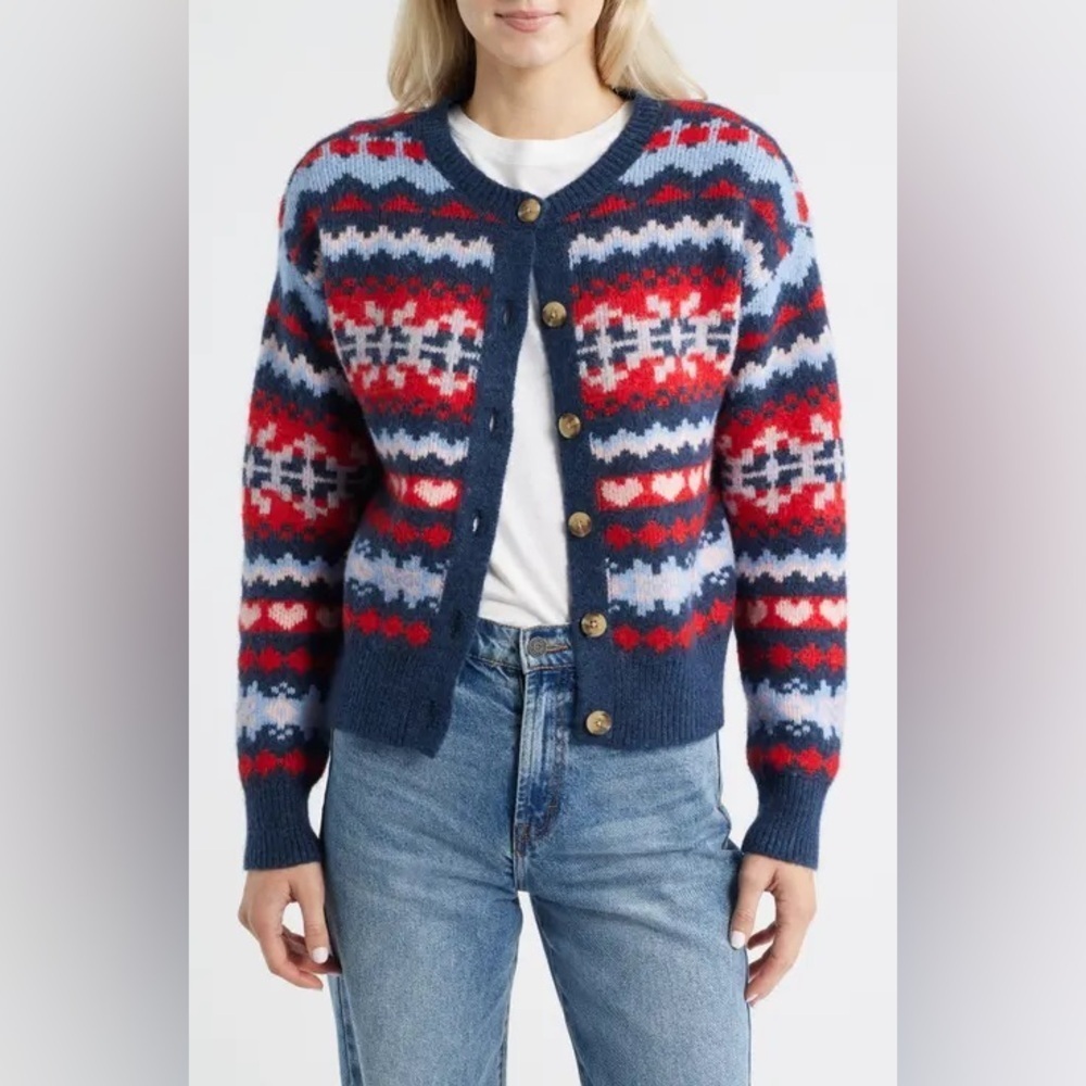 NWT Lucky Brand Fair Isle Crew Neck Cardigan Sweater Small